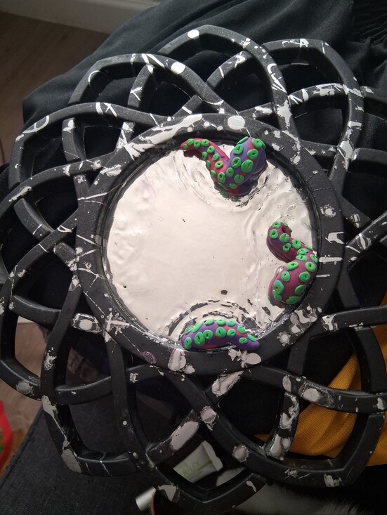 Handmade Other - Black Decorative Mixed Media Wall Mirror With Octopus Tenticles Escaping